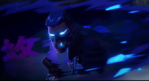 Yoru from Valorant in a dark cyberpunk scene with glowing blue eyes and neon accents HD wallpaper