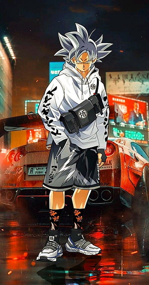 Goku in Streetwear Hoodie and Sneakers Standing Before a Red Sports Car at Night HD phone wallpaper
