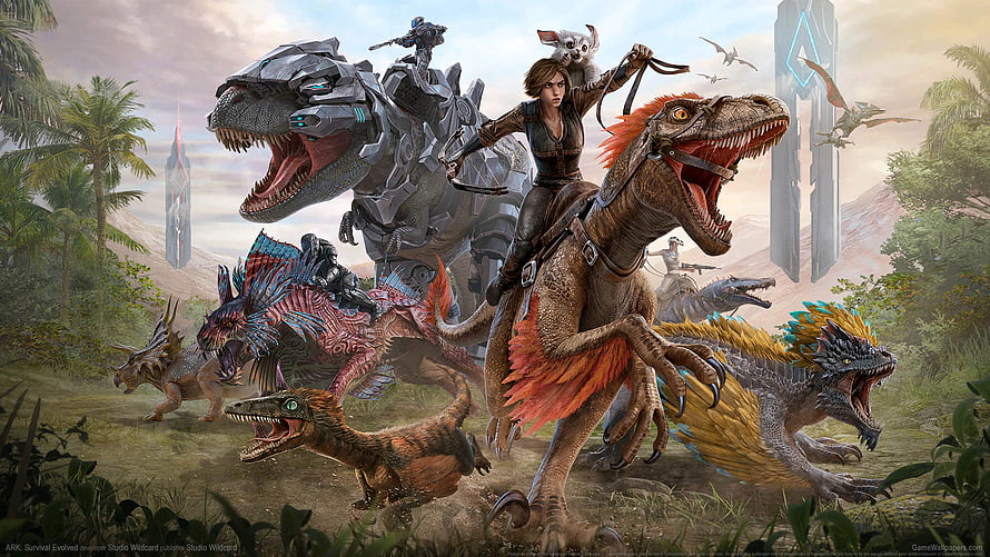 ARK Survival Evolved Wildcard Concept Art Featuring Tamed Dinosaurs and Mech Rider HD wallpaper