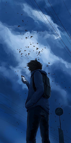 Anime Boy Looking At Phone Under Blue Sky With Flying Birds HD phone wallpaper