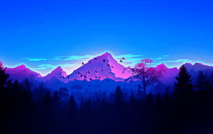 Vaporwave Minimalist Mountain Landscape with Neon Pink Peaks and Dark Forest Silhouette HD wallpaper