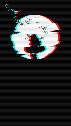 Glitch Art Samurai Silhouette Against White Moon With Red And Cyan Distortion HD phone wallpaper