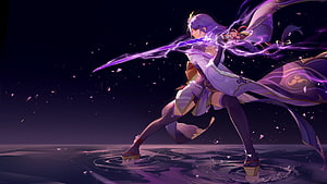 Raiden Shogun wielding purple energy sword in dynamic anime battle pose HD wallpaper