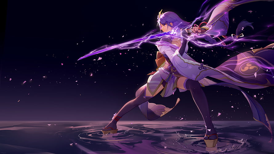 Raiden Shogun wielding purple energy sword in dynamic anime battle pose HD wallpaper