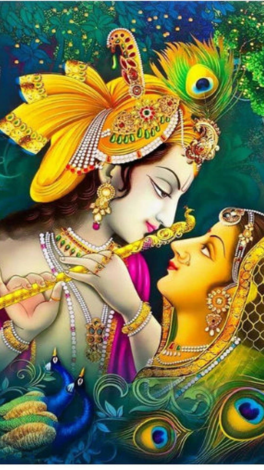 Radha Krishna playing flute with peacock feathers in a lush forest setting HD phone wallpaper