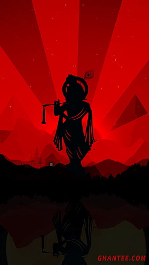 Silhouette of Lord Krishna Playing Flute Against Red Sky HD phone wallpaper