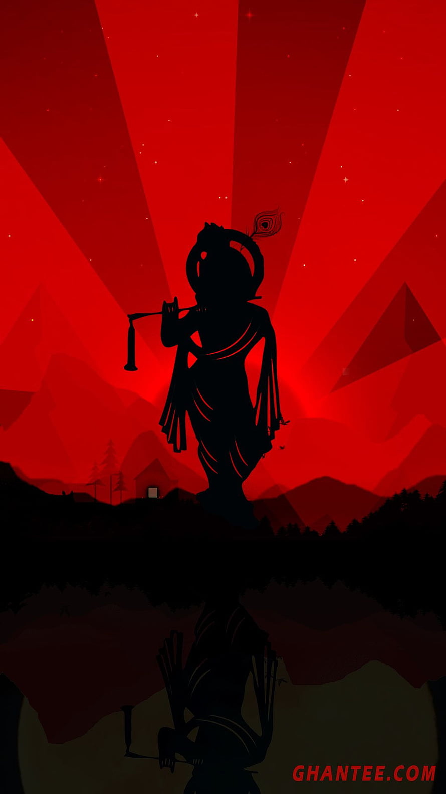 Silhouette of Lord Krishna Playing Flute Against Red Sky HD phone wallpaper