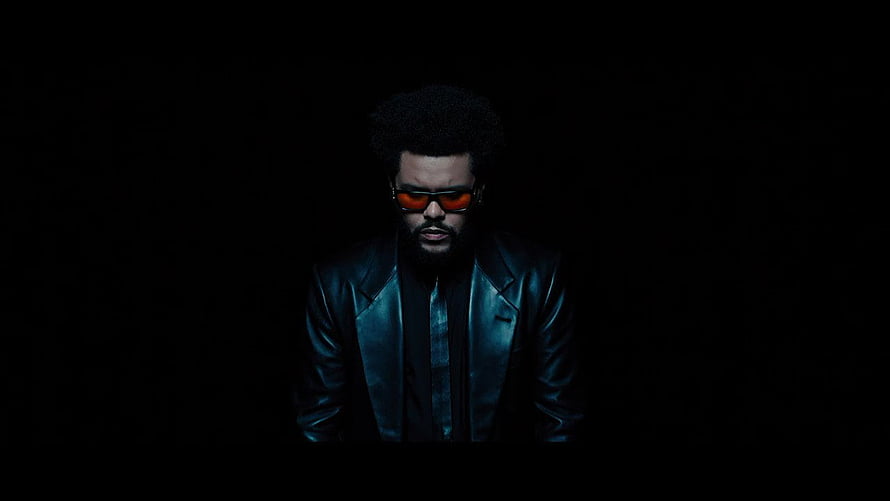 The Weeknd in a dark leather jacket with red sunglasses against a black background HD wallpaper