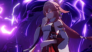 Yae Miko from Genshin Impact channeling purple lightning in a dramatic anime pose HD wallpaper