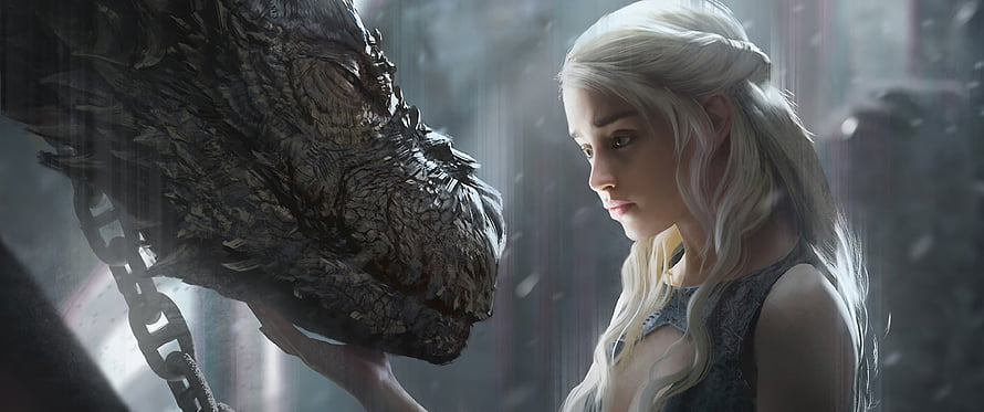 Daenerys Targaryen and Drogon in a Cinematic Fantasy Scene HD wallpaper