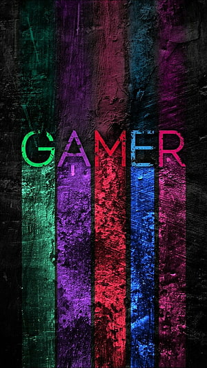 Gamer Text on Grunge Background with Neon Color Stripes HD phone wallpaper