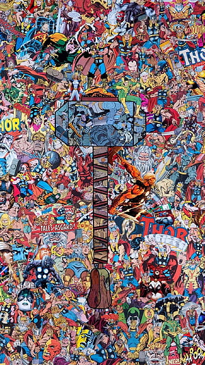Dense Marvel Thor Comic Book Collage Featuring Mjolnir and Asgardian Characters HD phone wallpaper