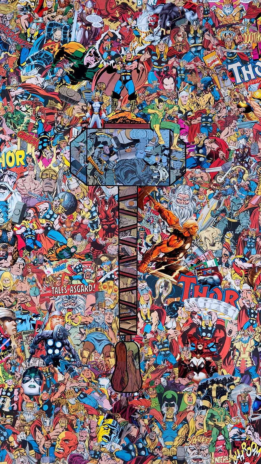 Dense Marvel Thor Comic Book Collage Featuring Mjolnir and Asgardian Characters HD phone wallpaper