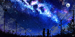 Silhouetted Couple Under a Vibrant Milky Way Night Sky with Full Moon and Power Lines HD wallpaper