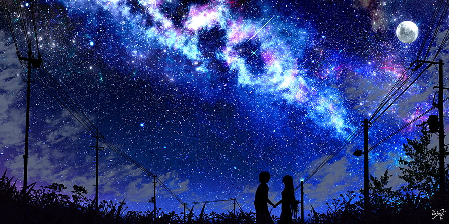 Silhouetted Couple Under a Vibrant Milky Way Night Sky with Full Moon and Power Lines HD wallpaper