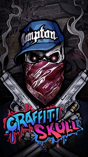 Graffiti Skull with Bandana and Crossed Pistols in Hip Hop Street Art Style HD phone wallpaper