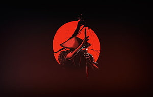 Minimalist Samurai Warrior Drawing with Katana Against Red Sun HD wallpaper