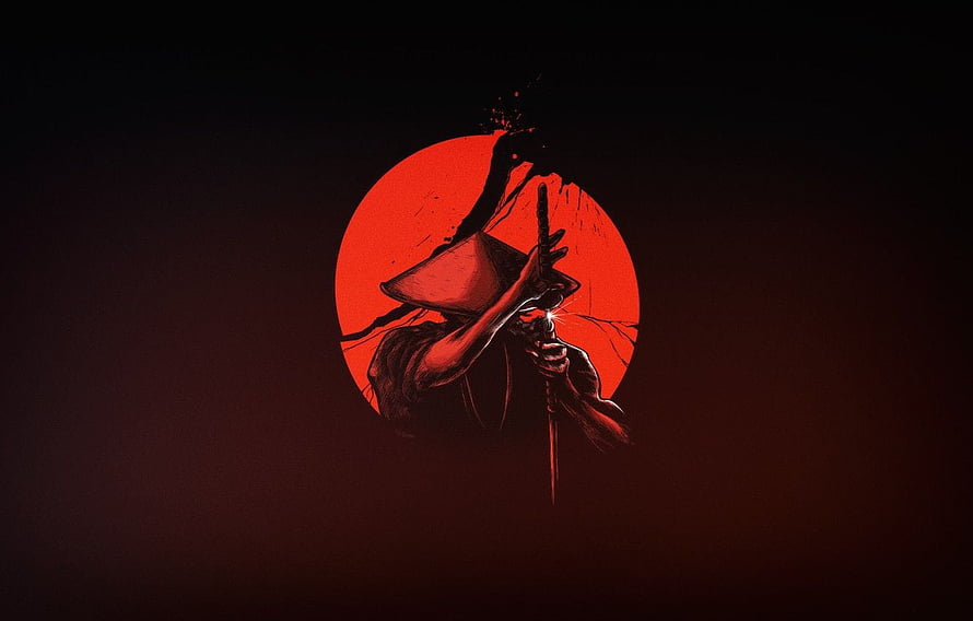Minimalist Samurai Warrior Drawing with Katana Against Red Sun HD wallpaper