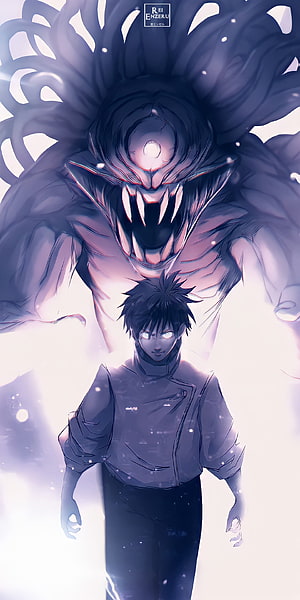 Gojo Satoru and Ryomen Sukuna from Jujutsu Kaisen anime wallpaper featuring glowing eyes and dark monster HD phone wallpaper