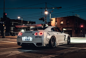 White Nissan GT-R R35 Liberty Walk Widebody Night Street Photography HD wallpaper
