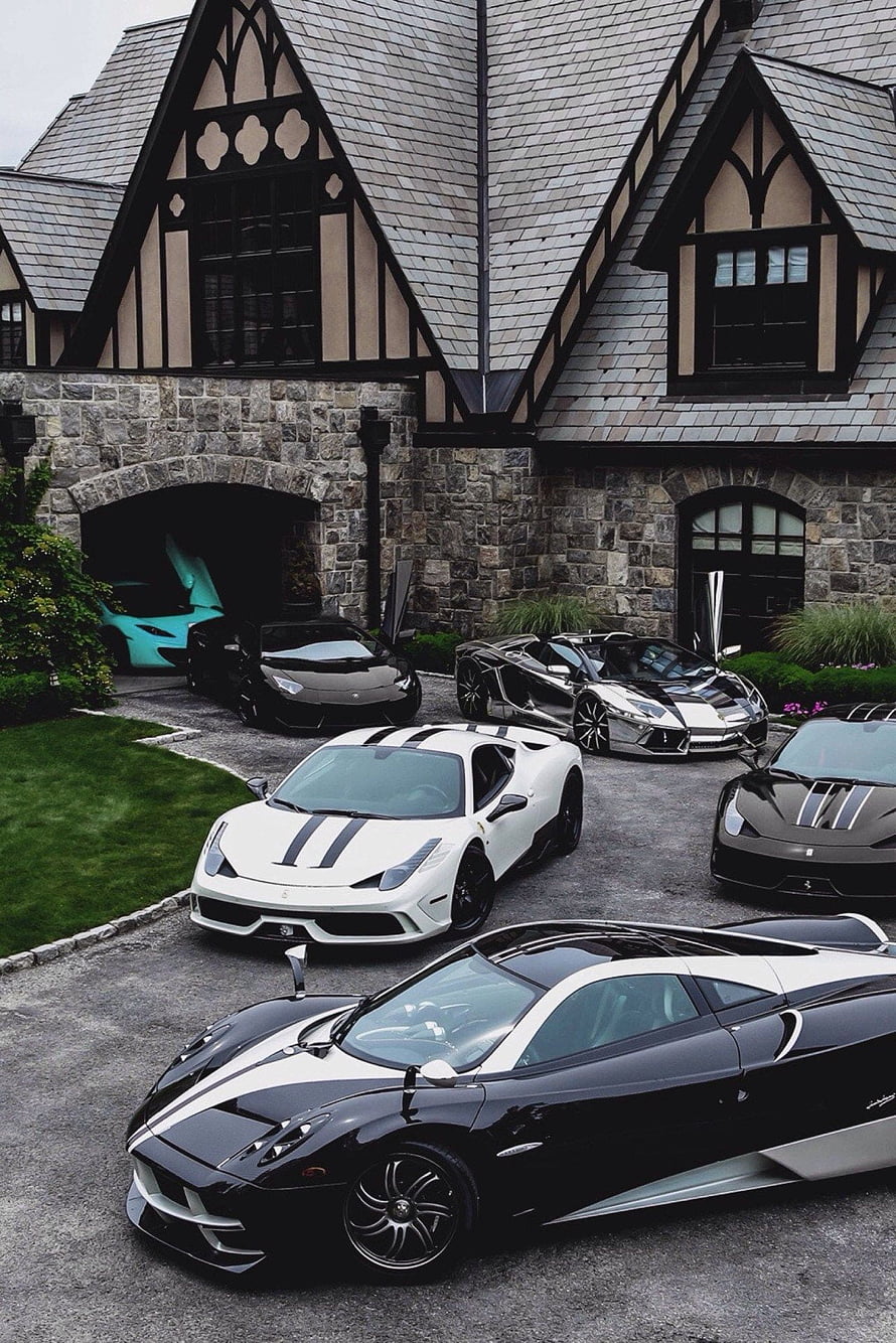 Luxury Supercar Collection Parked in Front of a Grand Tudor-Style Mansion, Luxury Car House, Exotic Houses HD phone wallpaper