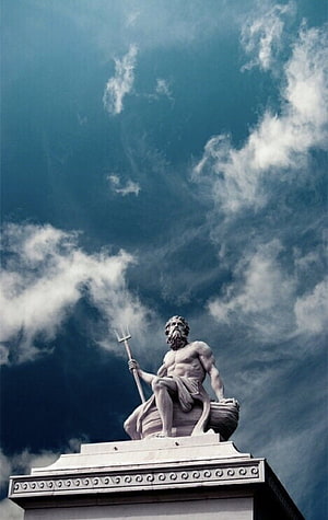 Statue of Poseidon Holding Trident Against Dramatic Cloudy Sky HD phone wallpaper