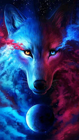 Mystical Wolf With Heterochromia Eyes Against Cosmic Nebula And Moon HD phone wallpaper