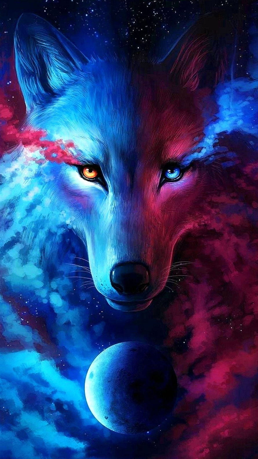 Mystical Wolf With Heterochromia Eyes Against Cosmic Nebula And Moon HD phone wallpaper