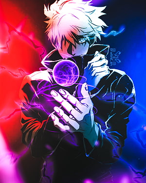 Gojo Satoru from Jujutsu Kaisen holding a purple energy sphere with red and blue lightning background HD phone wallpaper