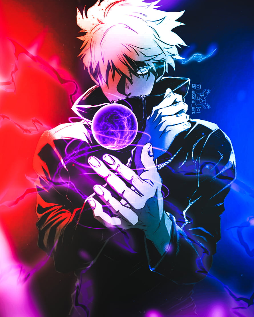 Gojo Satoru from Jujutsu Kaisen holding a purple energy sphere with red and blue lightning background HD phone wallpaper