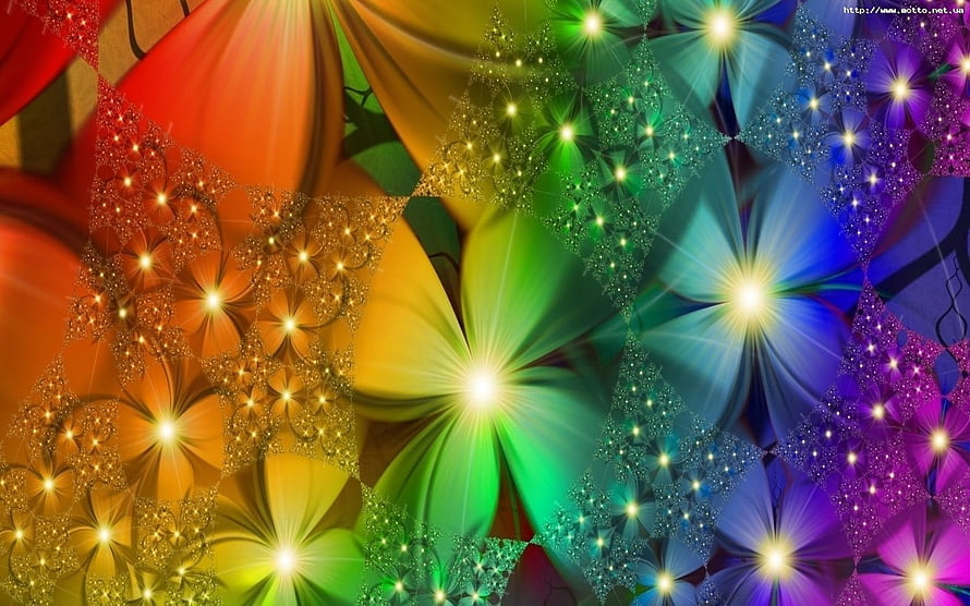 Vibrant Rainbow Fractal Art with Glowing Starbursts and Geometric Patterns HD wallpaper