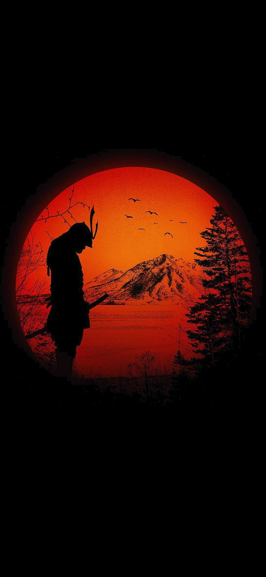 Silhouette of a Samurai Warrior Against a Red Sun and Mountain Landscape HD phone wallpaper