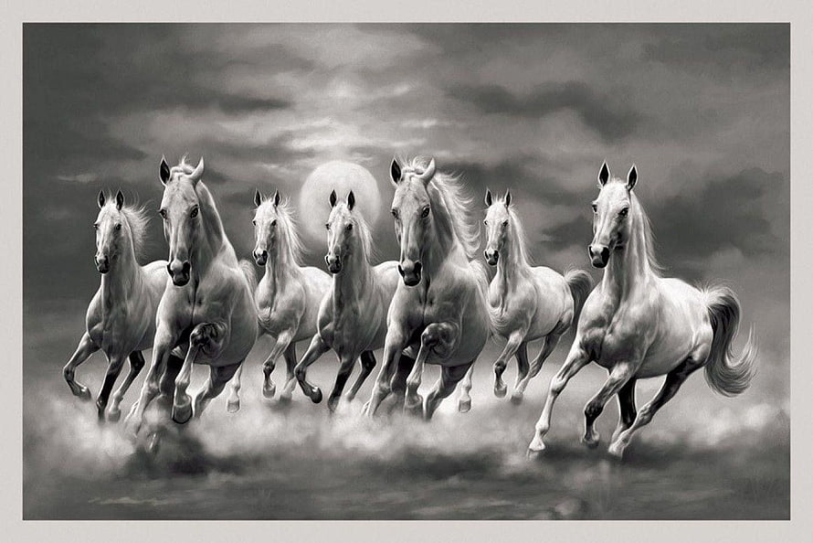 Seven White Horses Galloping Through Mist Under a Dramatic Moonlit Sky HD wallpaper