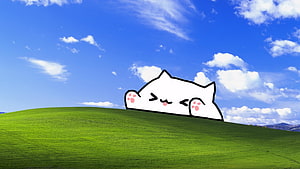 Bongo Cat Meme Lying on a Green Hill Under a Blue Sky with Clouds HD wallpaper