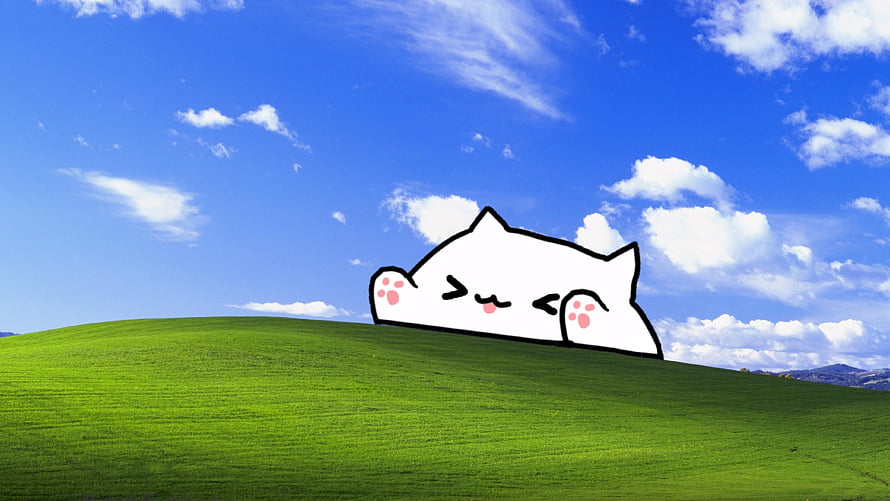 Bongo Cat Meme Lying on a Green Hill Under a Blue Sky with Clouds HD wallpaper