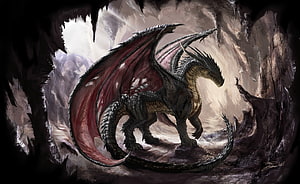 Majestic Red Dragon Standing in a Dark Cave with Dramatic Light Beams HD wallpaper