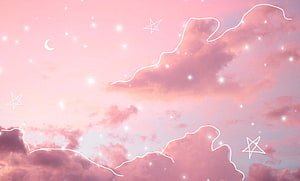 Dreamy Pink Clouds With Glowing White Outlines And Twinkling Stars HD wallpaper