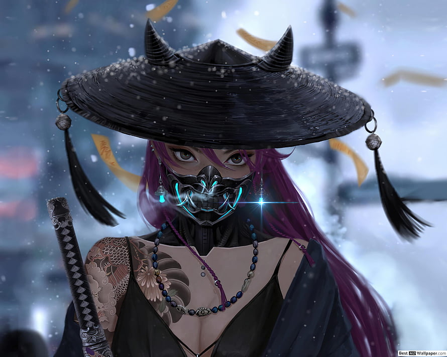 Anime Samurai Girl With Glowing Mask And Katana In Snowy Night HD wallpaper