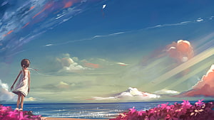 Anime Girl Standing on Beach Watching Kite Fly in Peaceful Sky HD wallpaper