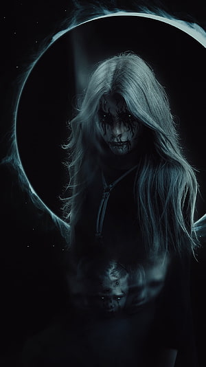 Eerie Pale Woman With Black Tears And Glowing Eyes In Dark Cosmic Void, Ghost, Ghost Soul, Horror HD phone wallpaper