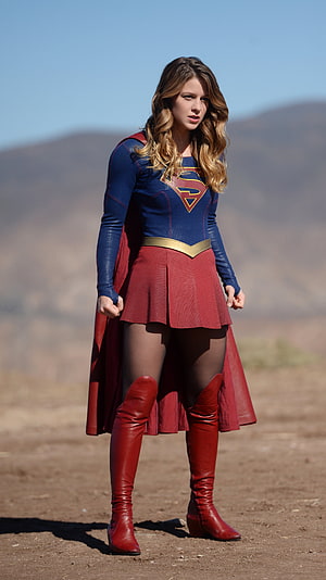 Melissa Benoist as Supergirl in Full Costume Standing in Desert Landscape HD phone wallpaper