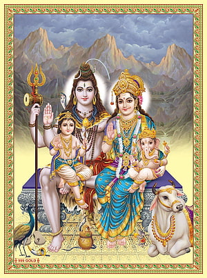 Divine Hindu Family Portrait of Lord Shiva, Parvati, Ganesha, and Kartikeya with Nandi and Peacock HD phone wallpaper