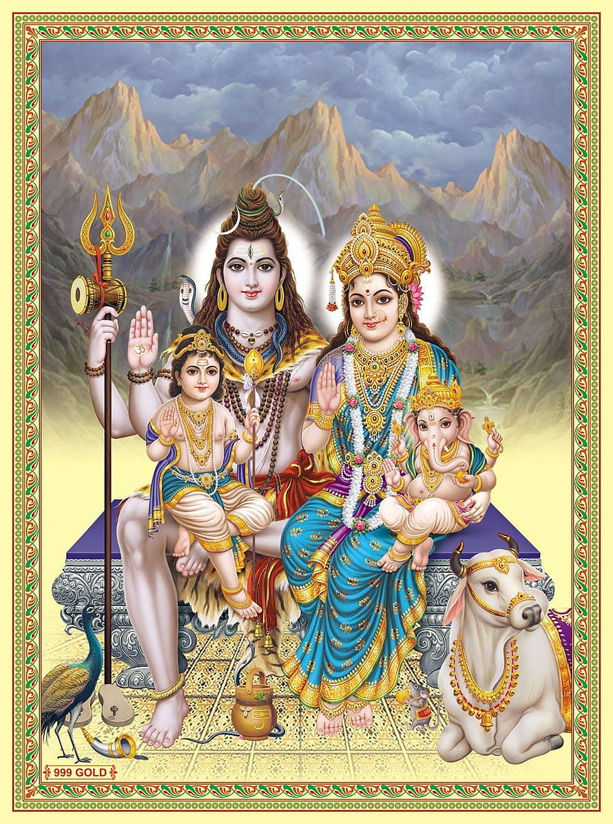 Divine Hindu Family Portrait of Lord Shiva, Parvati, Ganesha, and Kartikeya with Nandi and Peacock HD phone wallpaper
