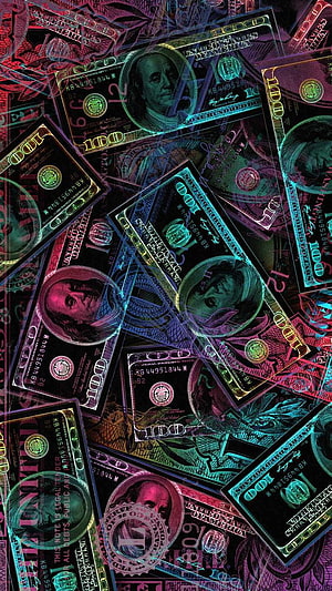Neon Glitch Art Benjamin Franklin Hundred Dollar Bills Abstract Money Background HD phone wallpaper