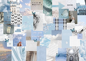 Blue Aesthetic Collage Wallpaper With Butterflies, Clouds, and Parisian Architecture HD wallpaper
