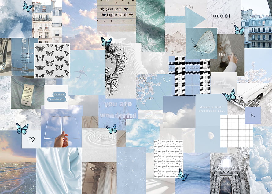 Blue Aesthetic Collage Wallpaper With Butterflies, Clouds, and Parisian Architecture HD wallpaper
