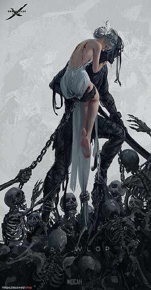 WLOP Ghost Blade Artwork: Dark Knight Carrying Injured Woman Above Skeleton Army, WLOP, anime girl, fallen angel , . Mocah, Female Dark Angel HD phone wallpaper