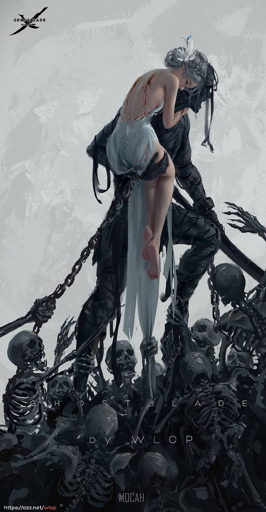 WLOP Ghost Blade Artwork: Dark Knight Carrying Injured Woman Above Skeleton Army, WLOP, anime girl, fallen angel , . Mocah, Female Dark Angel HD phone wallpaper