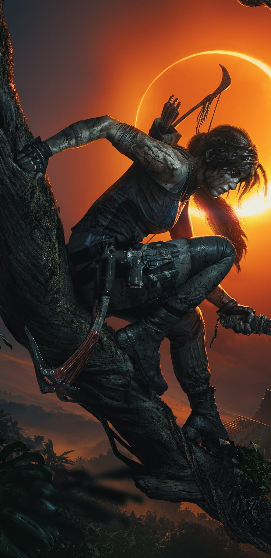 Lara Croft Climbing a Tree in Shadow of the Tomb Raider at Sunset HD phone wallpaper
