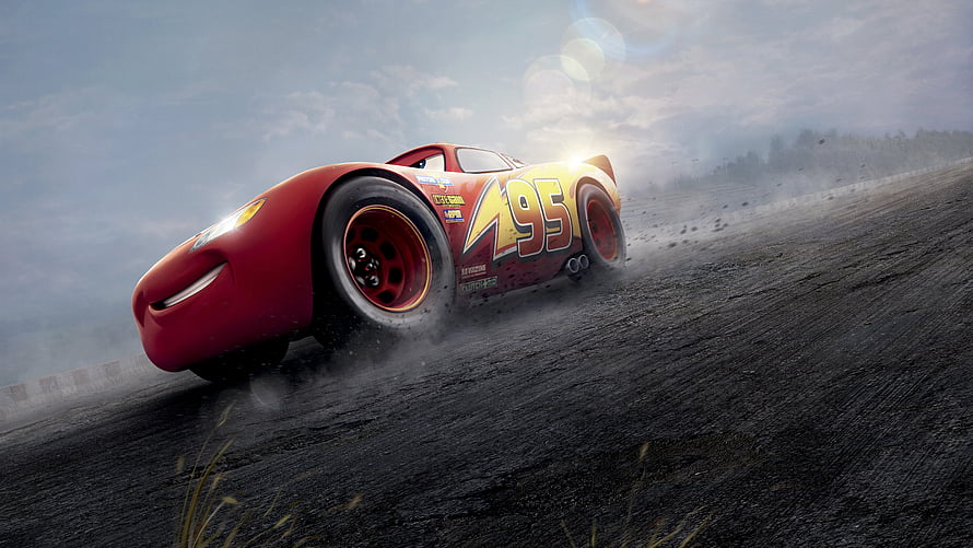 Lightning McQueen Racing on the Track in Cars 3 Animated Movie Scene HD wallpaper
